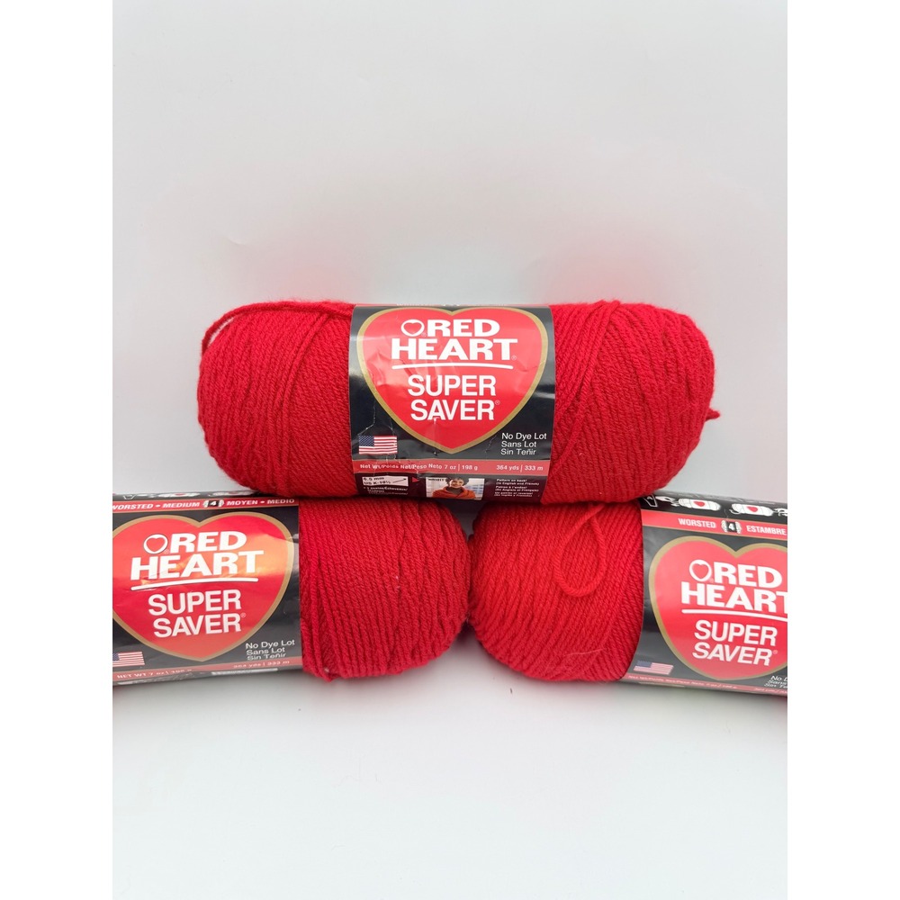 Red Heart Super Saver Yarn Cherry Red 0319 Worsted Medium 4 Lot of 3 Skeins